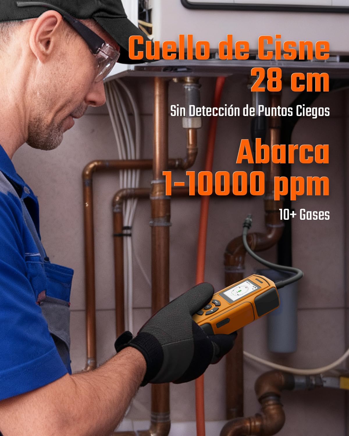 TopTes PT-990 Rechargeable Gas Leak Detector with 11 inch Probe, Detection Range 0-10000 ppm, Data Logging & 3 Types Alarm, Natural Gas Detector for Propane, Methane for Industrial & Home - Orange