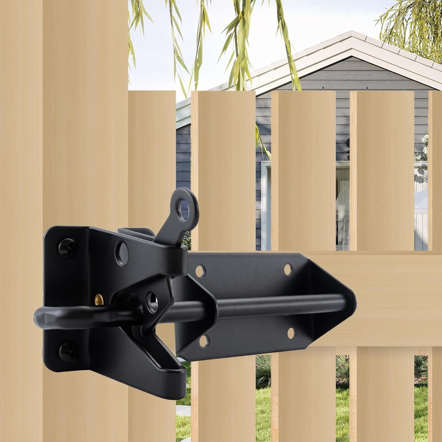 HOME MASTER HARDWARE Heavy Duty Automatic Gate Latch for Wooden Fence, 7-1/2" Black Self Locking Door Latches, Security Latches Hardware for Wood Gates, Vinyl Fence, Garden and Metal Gates