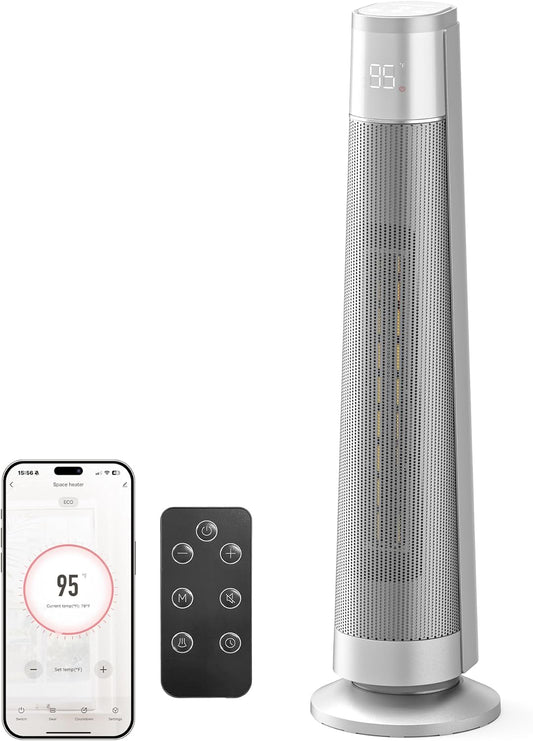 1500W PTC Ceramic Smart Space Heaters for Indoor Use, Portable Heater with Remote & App Control for Large Room, Office, ECO Modes, Safety Protection, 70° Oscillation, 12H Timer, Silver, 1 Pack