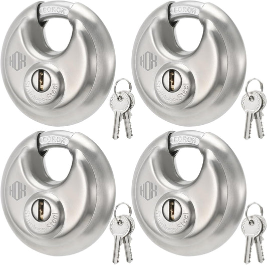 Heavy Duty Padlock with Key – 70mm Stainless Steel Commercial Discus Keyed Lock, High Security, 4 Pack