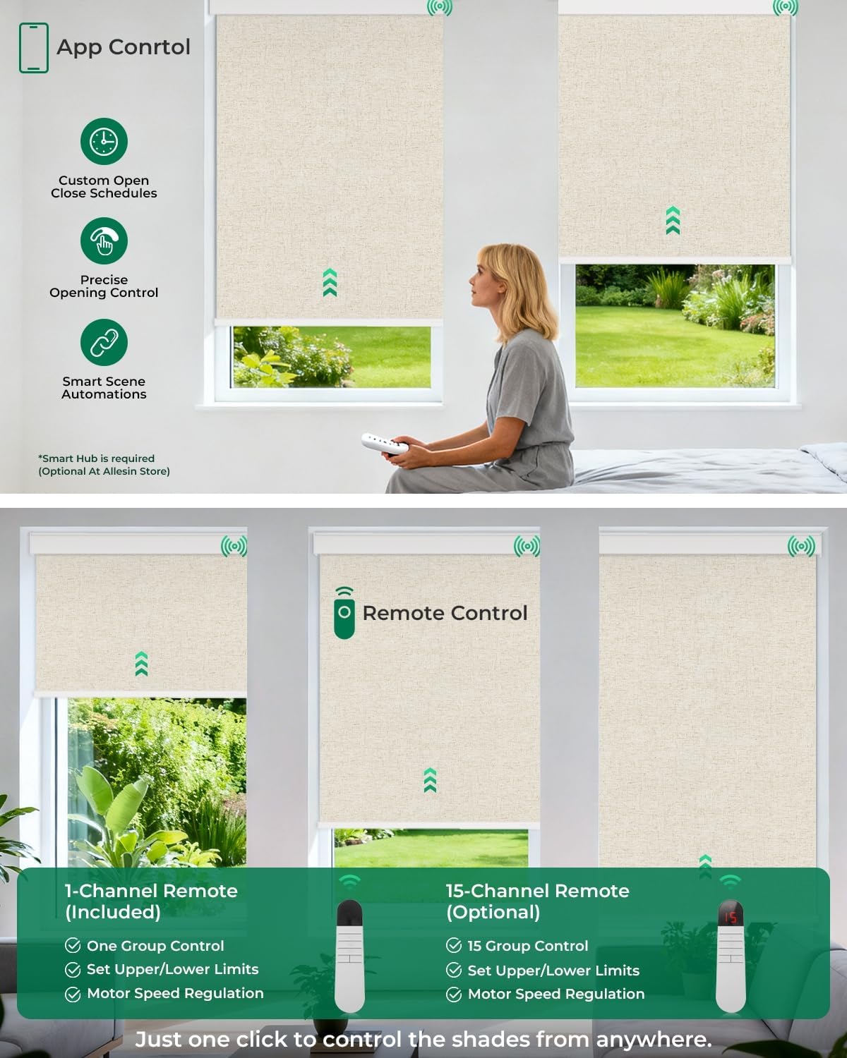 Allesin Motorized Roller Blinds – Rechargeable Smart Shades with Remote & Quiet Motor, Top/Bottom Aluminum Rails, Alexa-Compatible for Window (36" W x 72" H, 100% Blackout Sand-Linen)