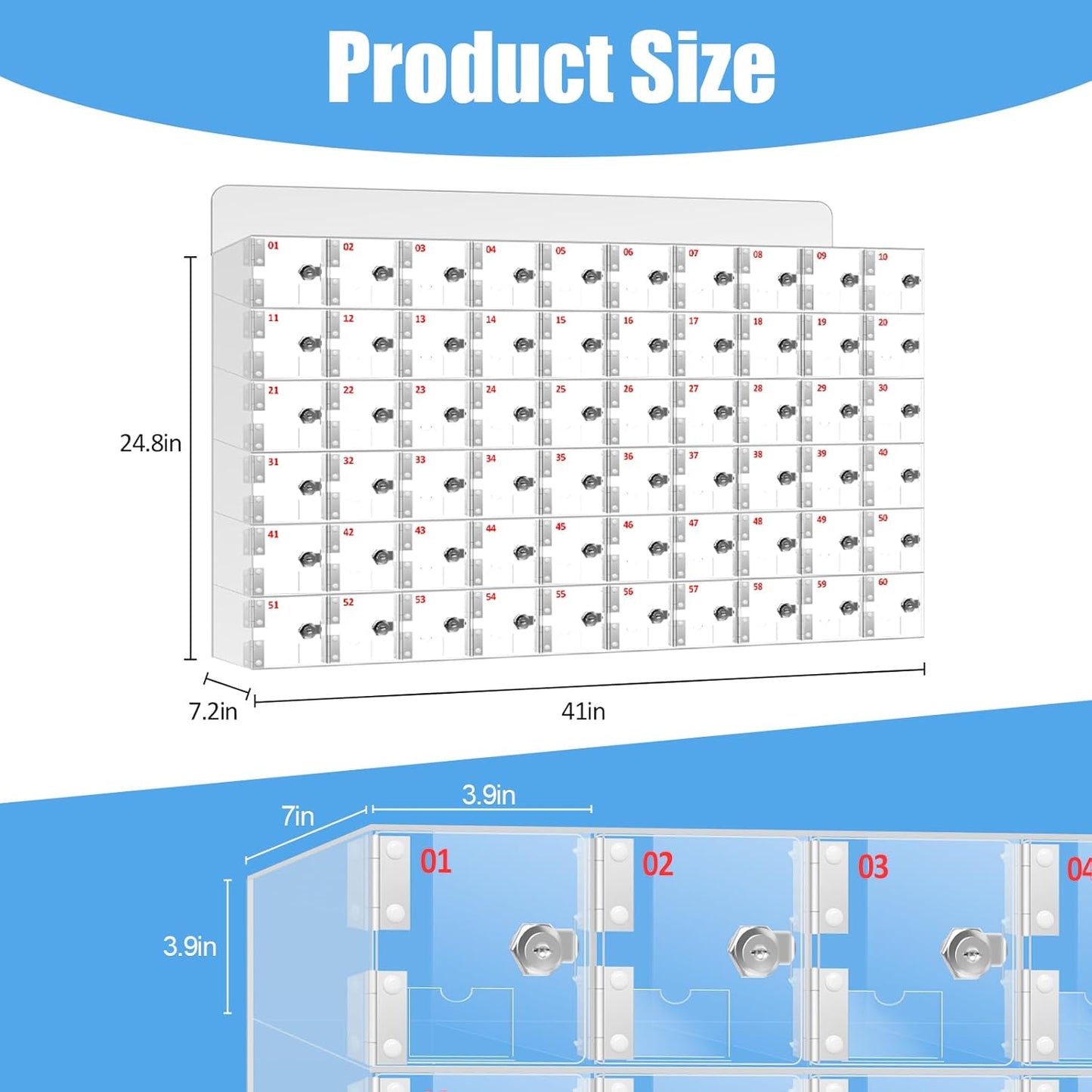 100 Slots Cell Phone Locker Acrylic Cell Phone Lock Box with Door Locks and Keys, Wall-Mounted Cell Phone Storage Cabinet for Office Classroom Gym Firms, Clear Lockers for Storage (Large 60 Slots)