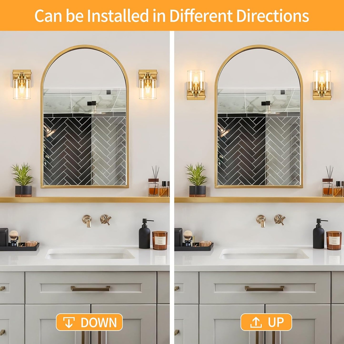 1 Light Modern Bathroom Light Fixtures Over Mirror, Brass Finish Vanity Lights for Bathroom Wall Sconces with Clear Glass Shades, E26 Socket (Bulbs Not Included)