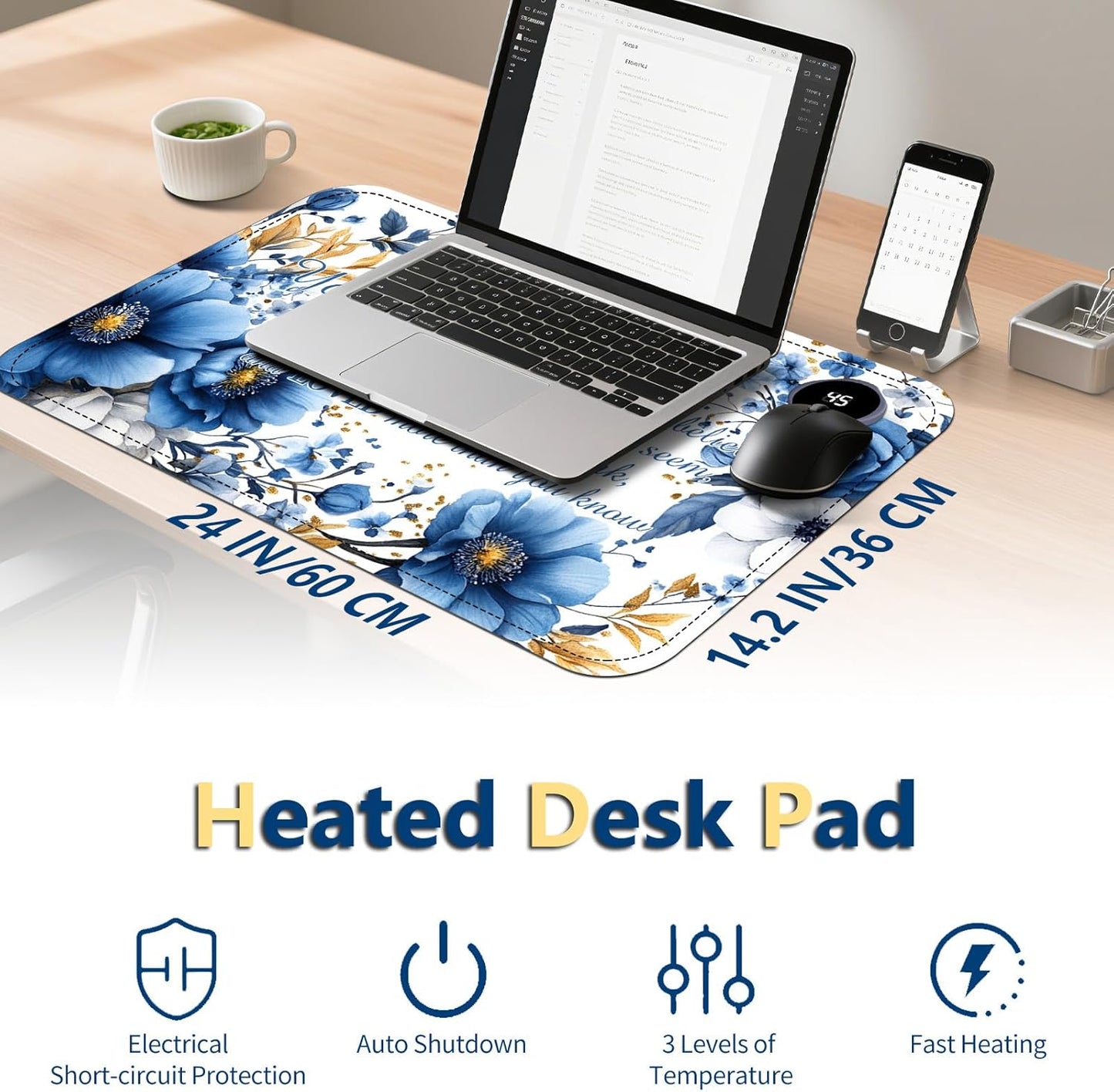 Heated Mouse Pad with 3 Temperature Settings(104°F–122°F),Large 24x14.2 Inch PU Leather Heated Desk Mat,Waterproof Warming Pad for Office,Gaming & Cold Hands Relief,Bule Flower Quotes