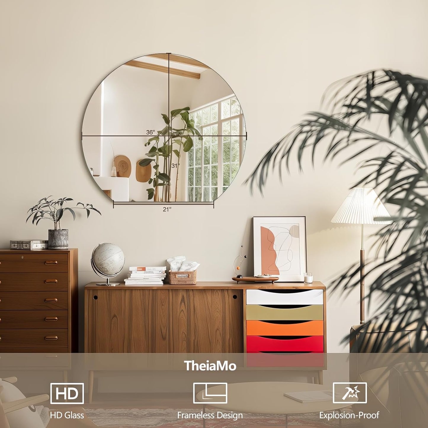 Half Moon Bathroom Mirror 36", Modern Frameless Wall Mirror, Hanging Decorative Vanity Mirror, Minimalist Explosion Proof Semi Circle Mirror for Living Room Bedroom Entryway, Down Cut