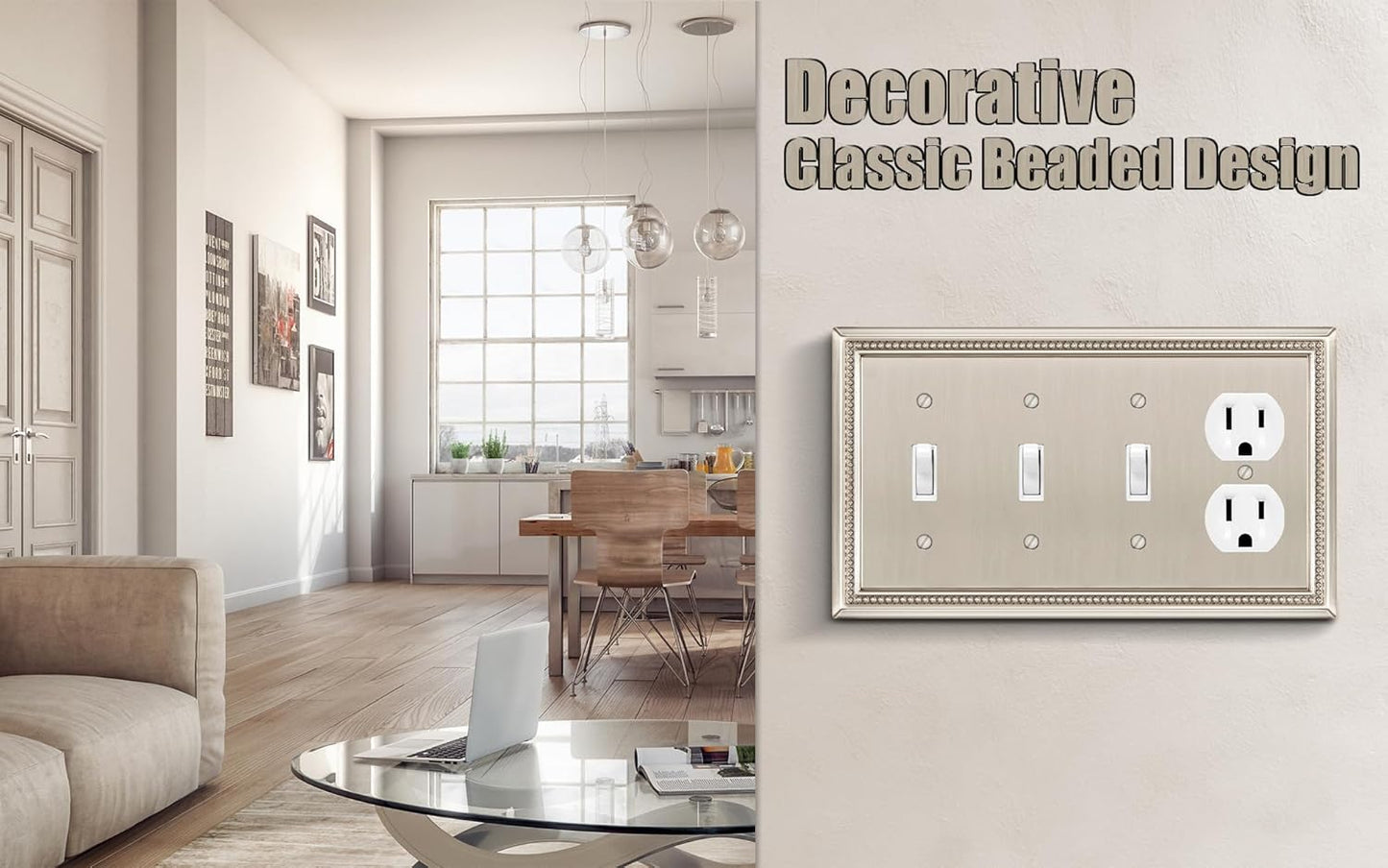 Henne Bery Sunken Pearls Heavy Duty Decorative Wall Plate Switch Plate Outlet Cover (Triple Toggle/Single Duplex, Satin Nickel)