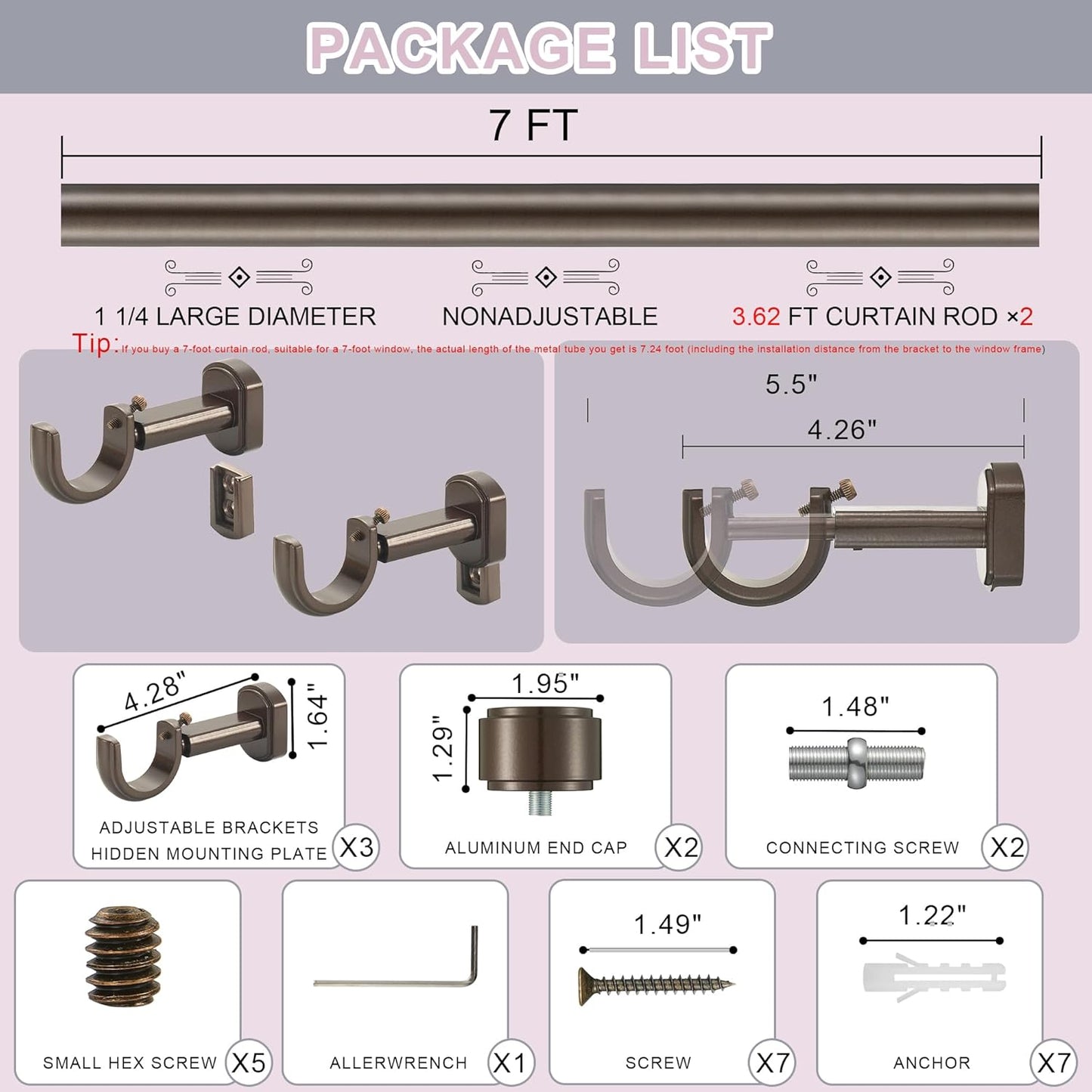 Heavy Duty Curtain Rods,1 1/4" Large Diameter Premium Nonadjustable Curtain Rod,84in/7ft Custom Window Treatment Rods with Durable Aluminum Brackets and End Caps,Dark Bronze Finish