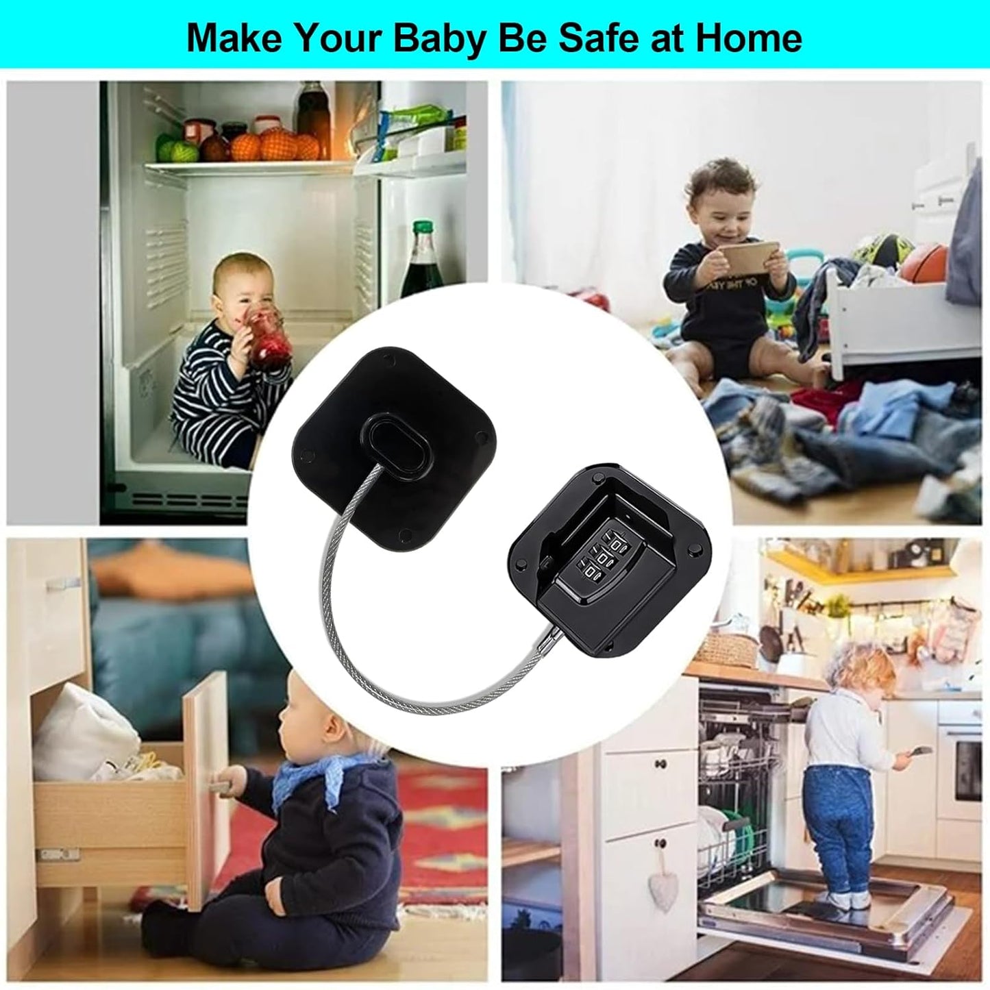 Heavy Duty Refrigerator Lock Cabinet Locks Child Safety Cabinet Locks Combination Fridge Lock for Cabinets Drawers Refrigerator (Black), 2.7X2.7IN