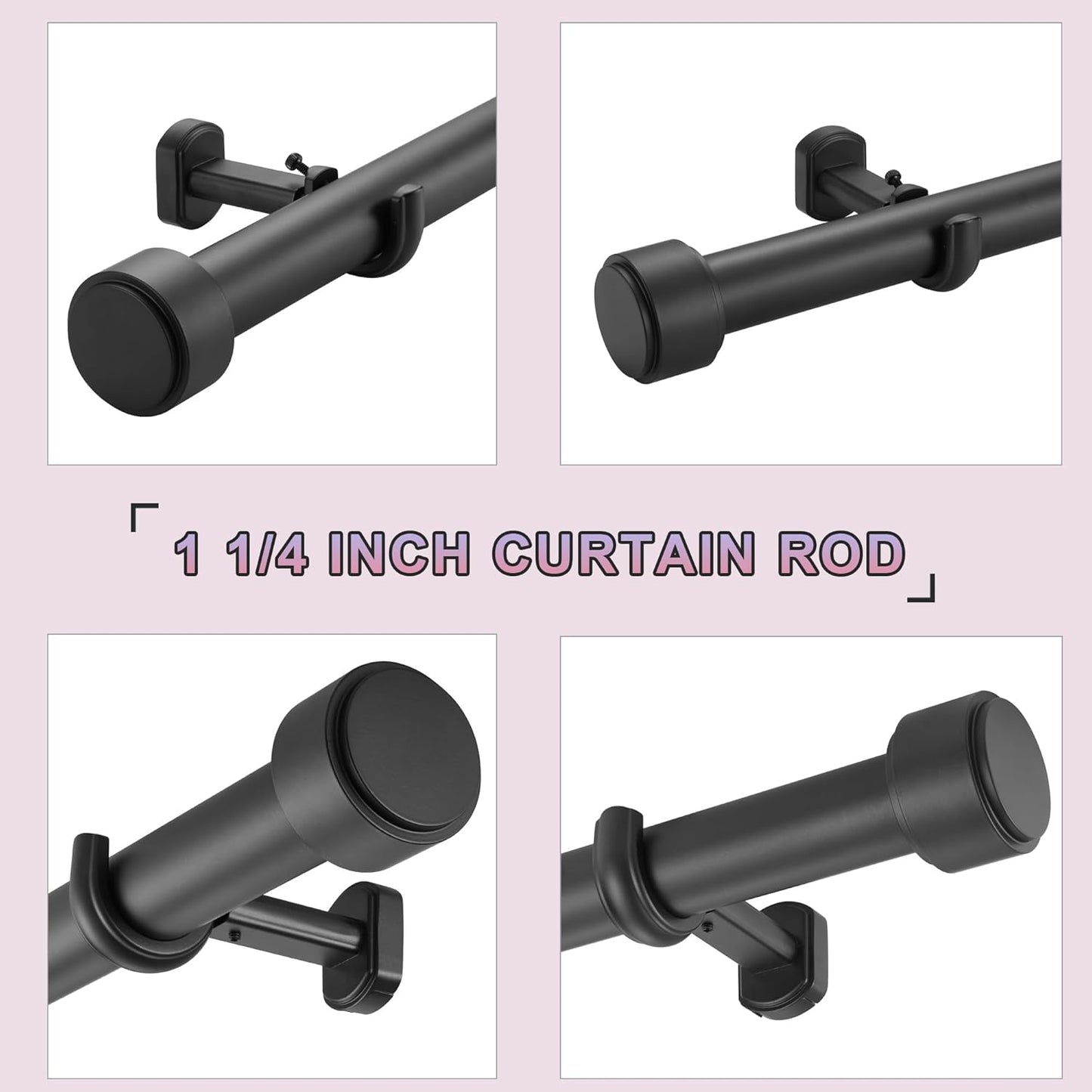 Heavy Duty Curtain Rods,1 1/4" Large Diameter Premium Nonadjustable Curtain Rod,54in/4.5ft Custom Window Treatment Rods with Durable Aluminum Brackets and End Caps,Black Finish