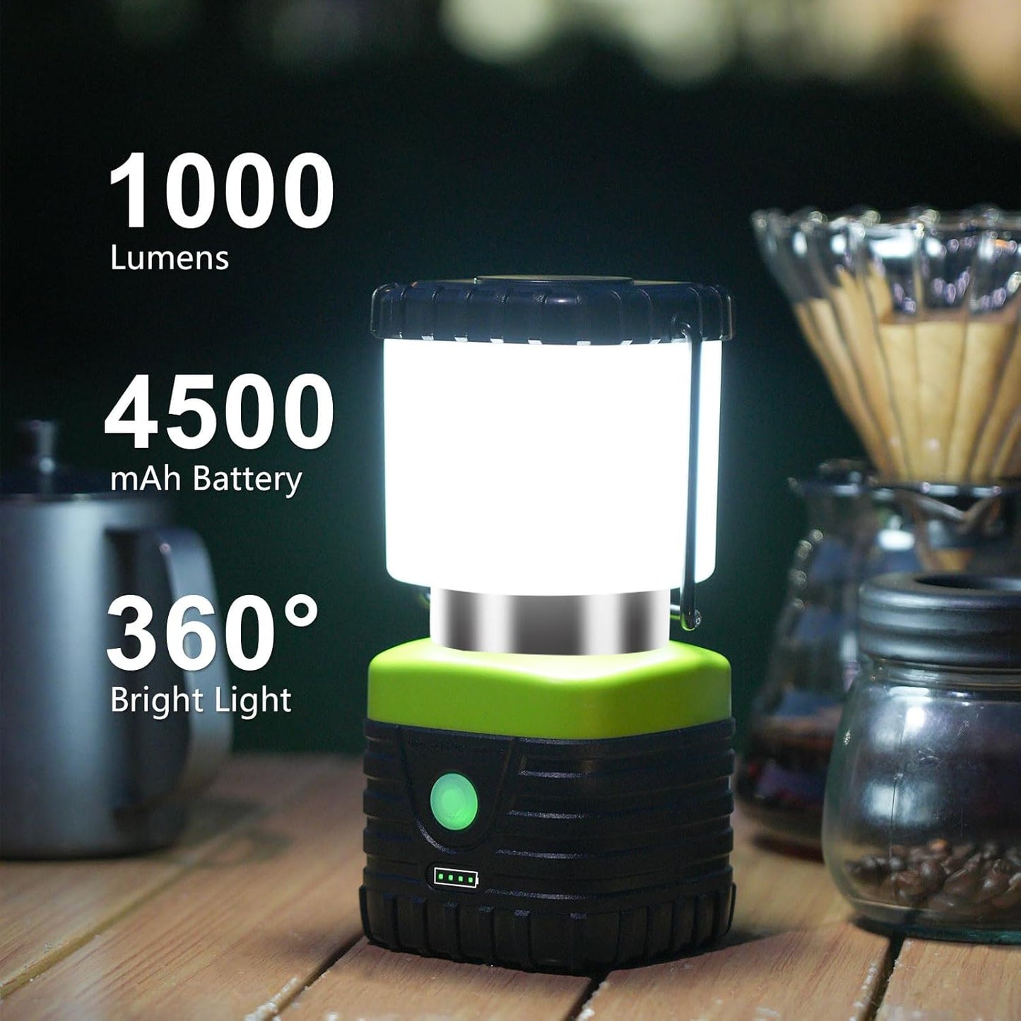 1PCS 6500K White Light LED Camping Lantern Rechargeable 1000LM, 4500mAh Power Bank, Flashlight for Hurricane Emergency, Hiking, IP44 Waterproof Lantern(Green)