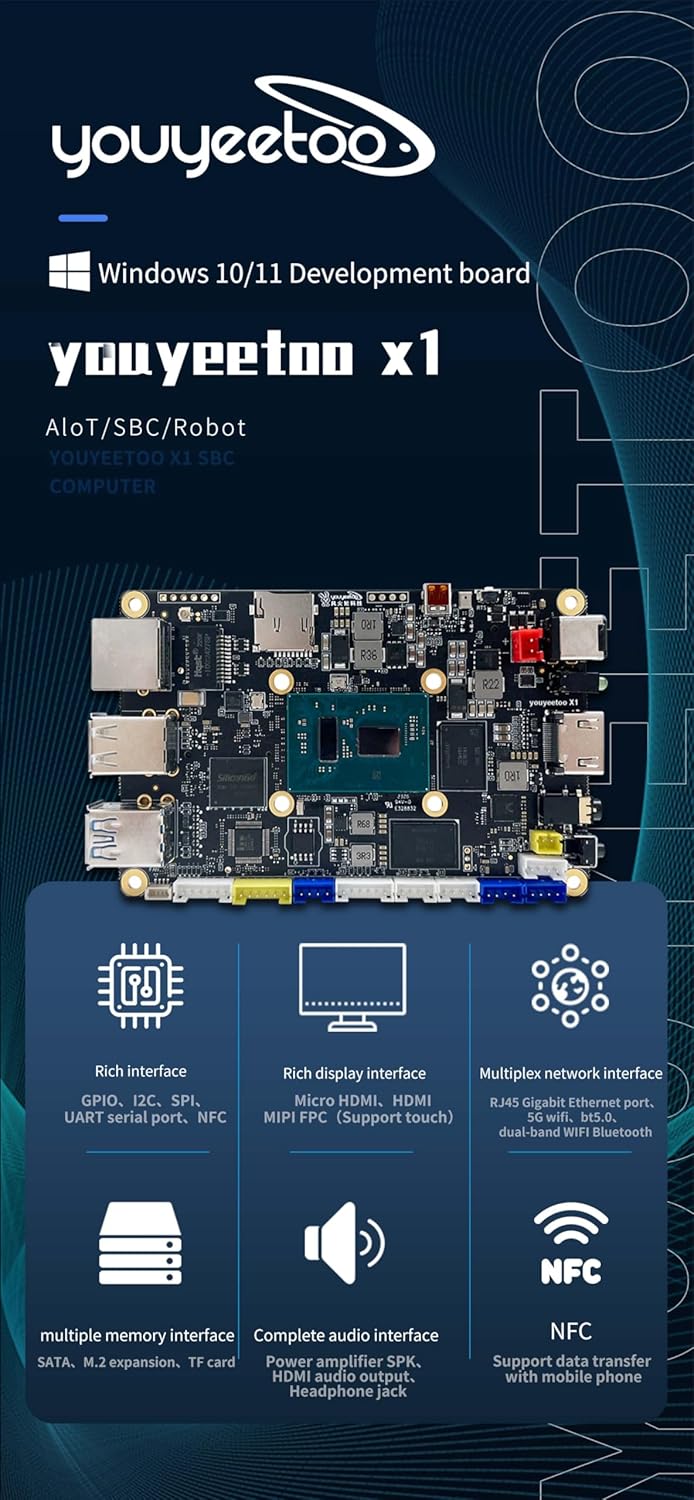 WayPonDEV youyeetoo X1 X86 Single Board Computer - A 64bit Windows 10/11/Linux Mini PC with Celeron N5105 CPU, Support Optional WiFi&BT NFC, PCIE 3.0 M.2 2280 NVMe or SATA SSD (16GB RAM+256GB Storage)