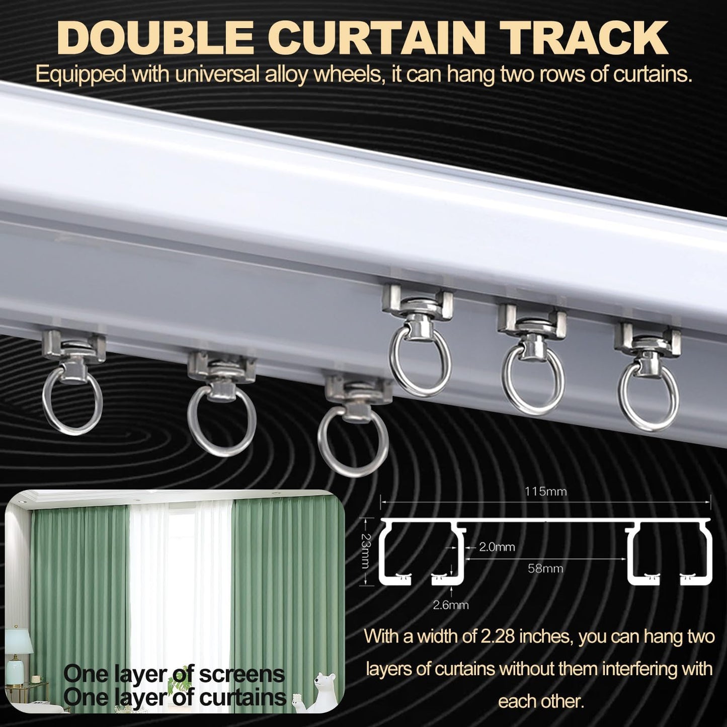 Double Curtain Track Ceiling Mounted, Heavy Duty Aluminum Sliding Rails for Curtains, Silent Double Curtain Track System for Drapes Room Dividers Living Room Bedroom (Black,2.9m(9.5ft))