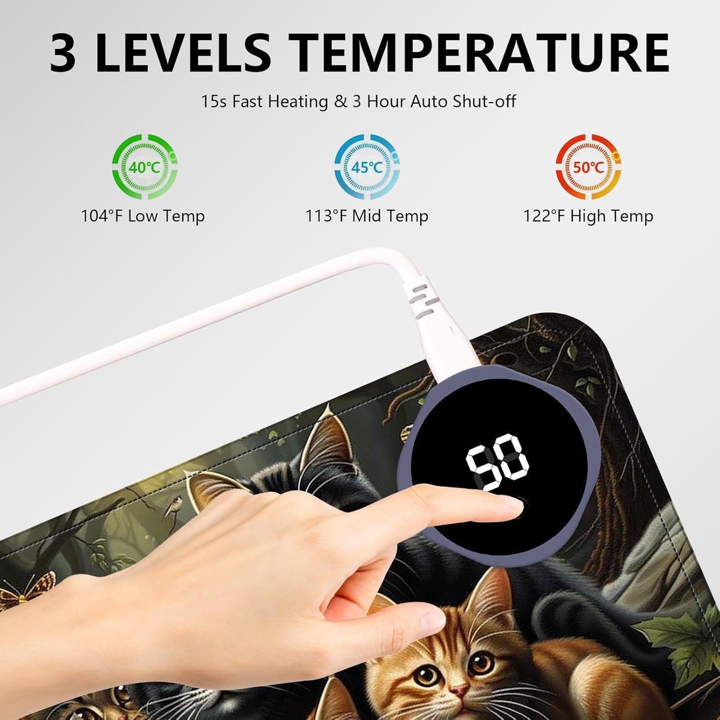 Heated Mouse Pad with 3 Levels Heated & 3 Hours Auto Shut-Off Mouse Pad for Warming Hands in Office Home, 23.6" x 14.2"Large Safe Desk Mat Hand Warmer，A Bunch of Cute Cats