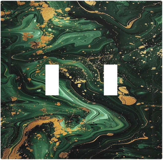 Green/Gold Modern Abstract Luxury Marble 2 Gang Double Toggle Light Switch Cover Decorative Switchplate Electrical Wall Plates Faceplate for Bathroom Bedroom Decor 4.9 X 5 IN