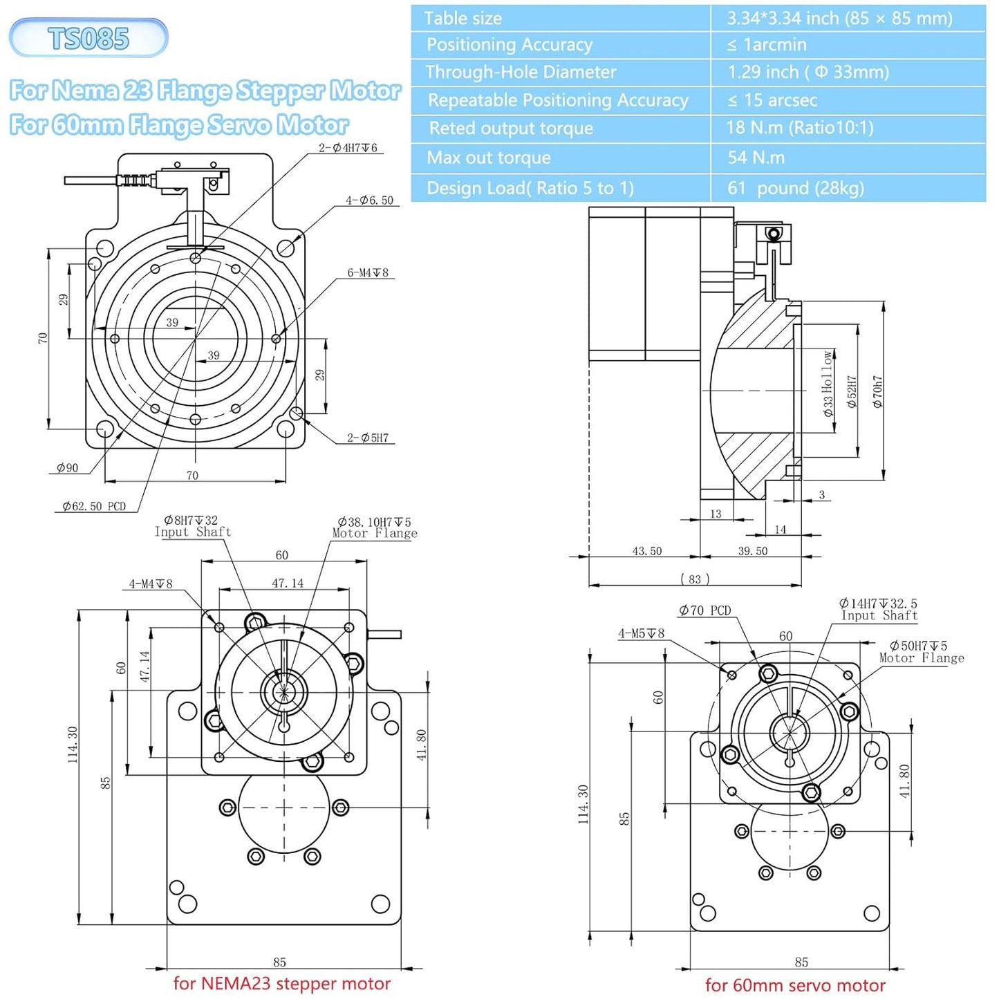 Hollow Rotary Actuator Ratio 10:1 Hollow Rotating Table Precision Rotary Reducer High Accuracy Hollow Rotary Platform for NEMA23 6.35mm 8mm Shaft/60 mm Servo Motor 14mm Shaft Alternative Cam Indexer