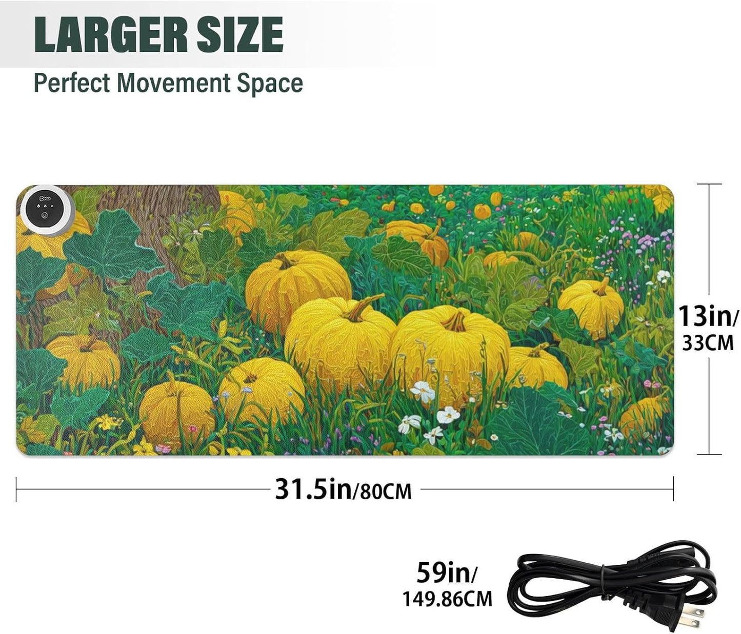 Heated Desk Pad Mouse Pad 31.5x13 Inch PU Leather Desk Mat with 3 Heat Levels Large Mouse Gaming Computer Laptop Mat Yellow Pumpkin Flower Tree