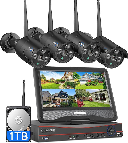 Hiseeu [16CH Expandable] 2.4G/5G Wireless Pro Security Camera System, 10.1" LCD 8MP Monitor, Wired Plug-in Powered 4Pcs 5MP Outdoor Indoor Cameras, One-Way Audio, Waterproof, Motion Detection, 1TB HDD