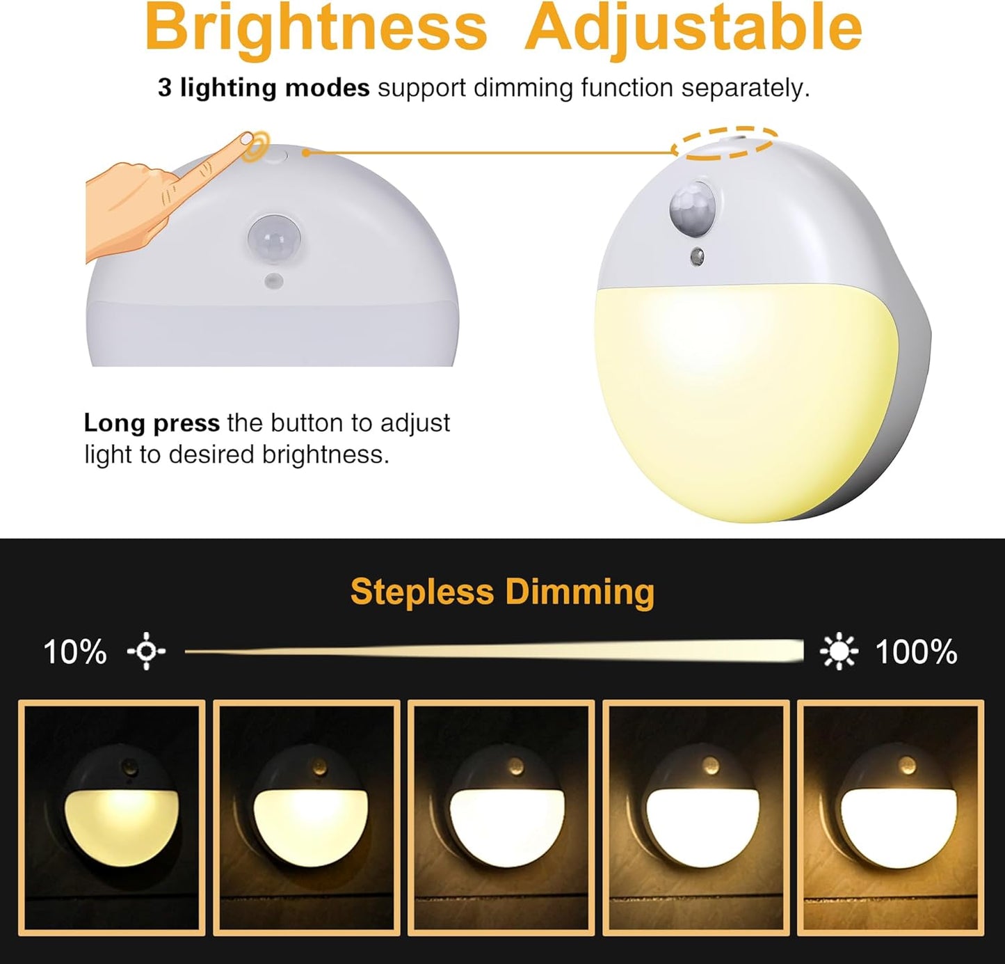 2 Pack Motion Sensor Night Light, Gold Yellow, 3 Lighting Modes, Stepless Dimming, Battery-Powered, Dimmable LED, Suitable for Bedroom, Bathroom, Stairs, Corridors, Closets