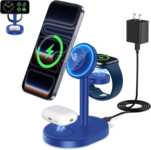 2025 3 in 1 Wireless Charging Station for Apple MagSafe Charger, 15W Fast Magnetic Mag-Safe Charger Stand for iPhone 17 16 15 14 13 12 Apple Watch AirPods with MagSafe Case, Blue