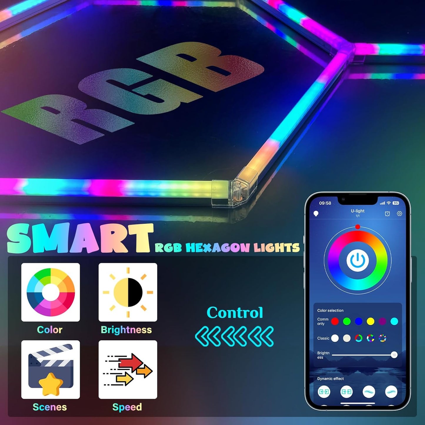 Hexagon Garage Lights RGB - Multicolor RGB with Music Sync Mode (358 Dynamic Effects), Dimming，Speed Control. Perfect for Gaming, Bars, Studios ，Home Gyms
