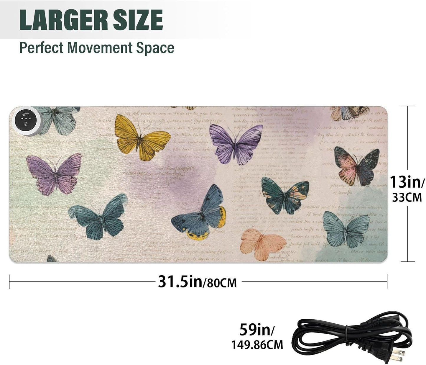 Heated Desk Pad Mouse Pad 31.5x13 Inch PU Leather Desk Mat with 3 Heat Levels Large Mouse Gaming Computer Laptop Mat Vintage Beige Butterflies