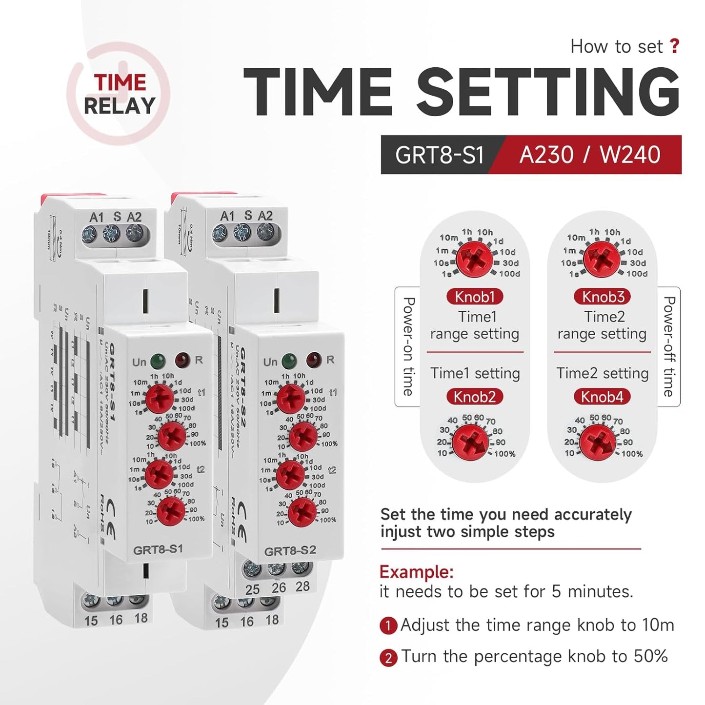 Asymmetric Cycle Timer Relay 2SPDT 16A GRT8-S2 Long or Short Period Repeat Cycle Tntermittent Timer Electronic Relay in Din Rail Wide Voltage Range AC DC 12V to 240V