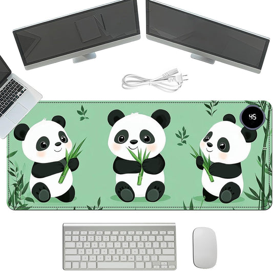 Heated Mouse Pad with 3 Temperature Settings(104°F–122°F),Large 31.5x13 Inch PU Leather Heated Desk Mat,Waterproof Warming Pad for Office,Gaming & Cold Hands Relief,Cute Three Pandas