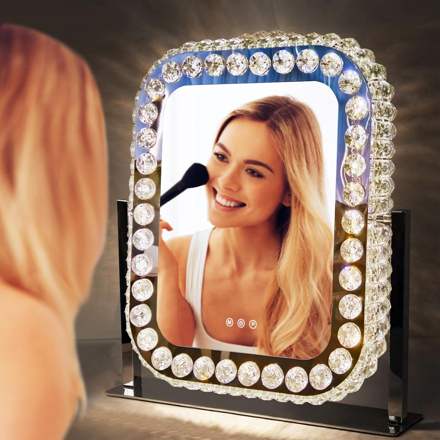 Hollywood Crystal Vanity Mirror with Lights 3 Color Adjustable Brightness Light 360° Rotation Large Crystal Lighted Vanity Mirror for Tabletop Desk Crystals LED Makeup Mirror with Lights