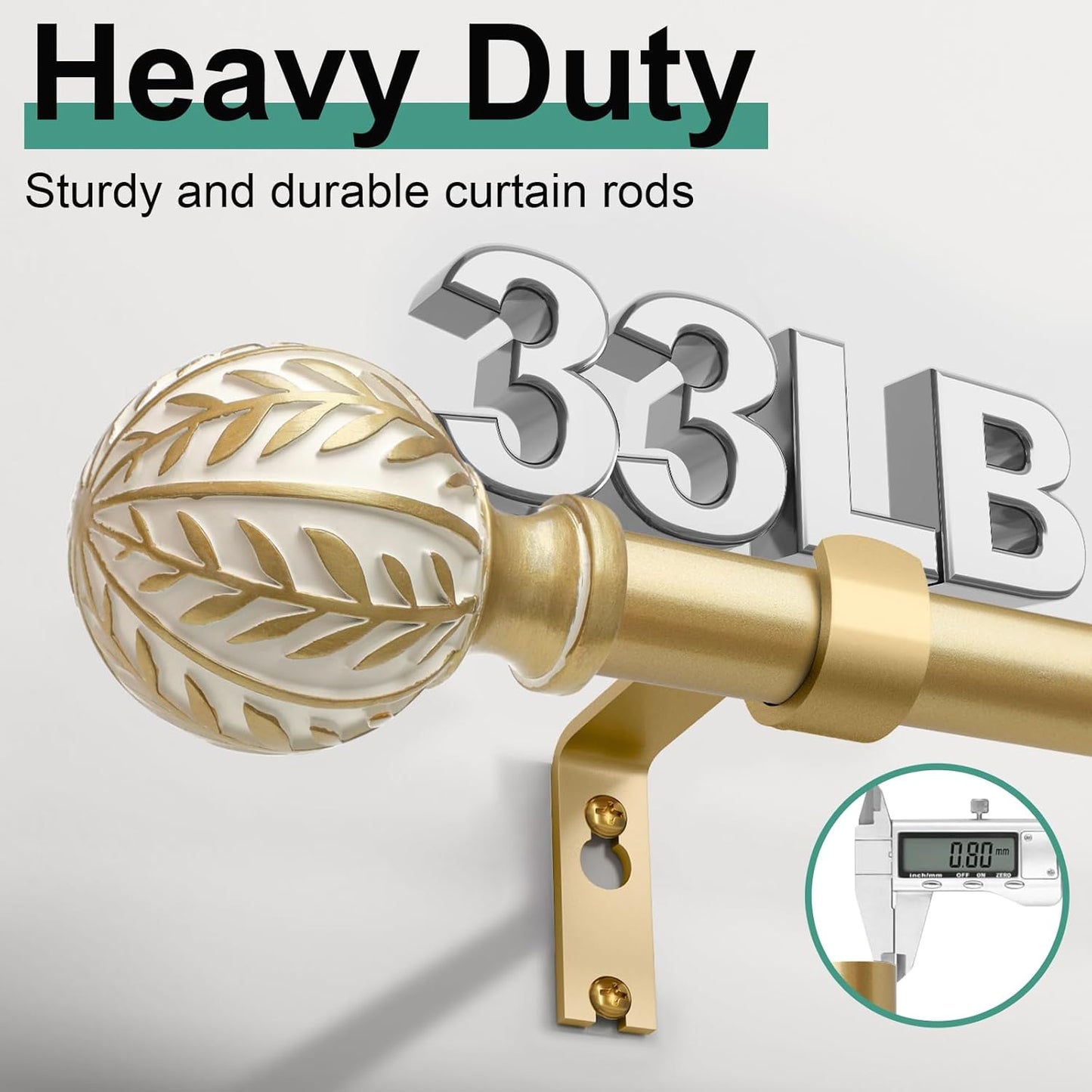 2 Pack Gold Curtain Rods for Windows 48 to 84 inch,1" Adjustable Heavy Duty Window Curtain Rod with Leaf Finials,Rustic Decorative Drapery Rods Set,Size:36-88''