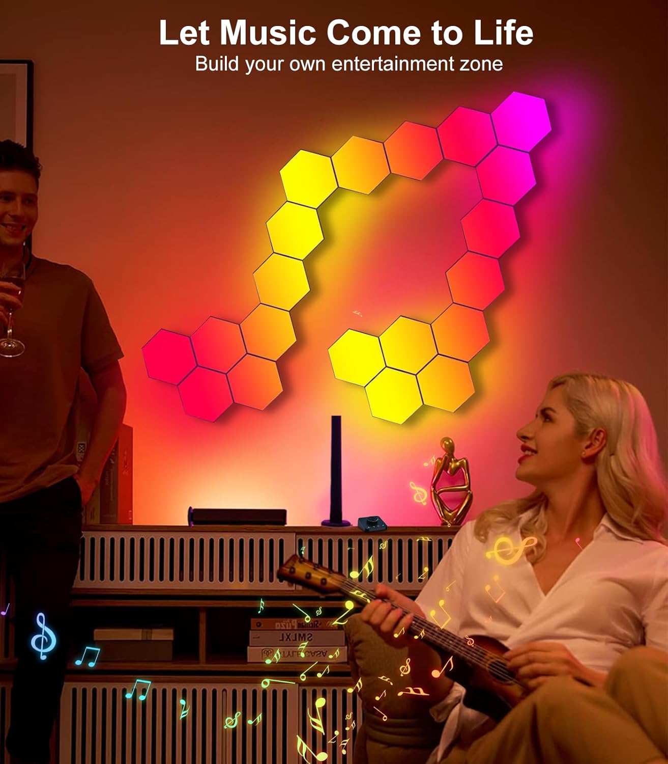 Hexagon LED Lights for Gaming Setup, Smart Home Gaming Lights Room Decor Work with Alexa Google Assistant, 14 DIY LED Panels for Wall Voice App Control Music Sync for TV Bedroom Aesthetic Decor Gift