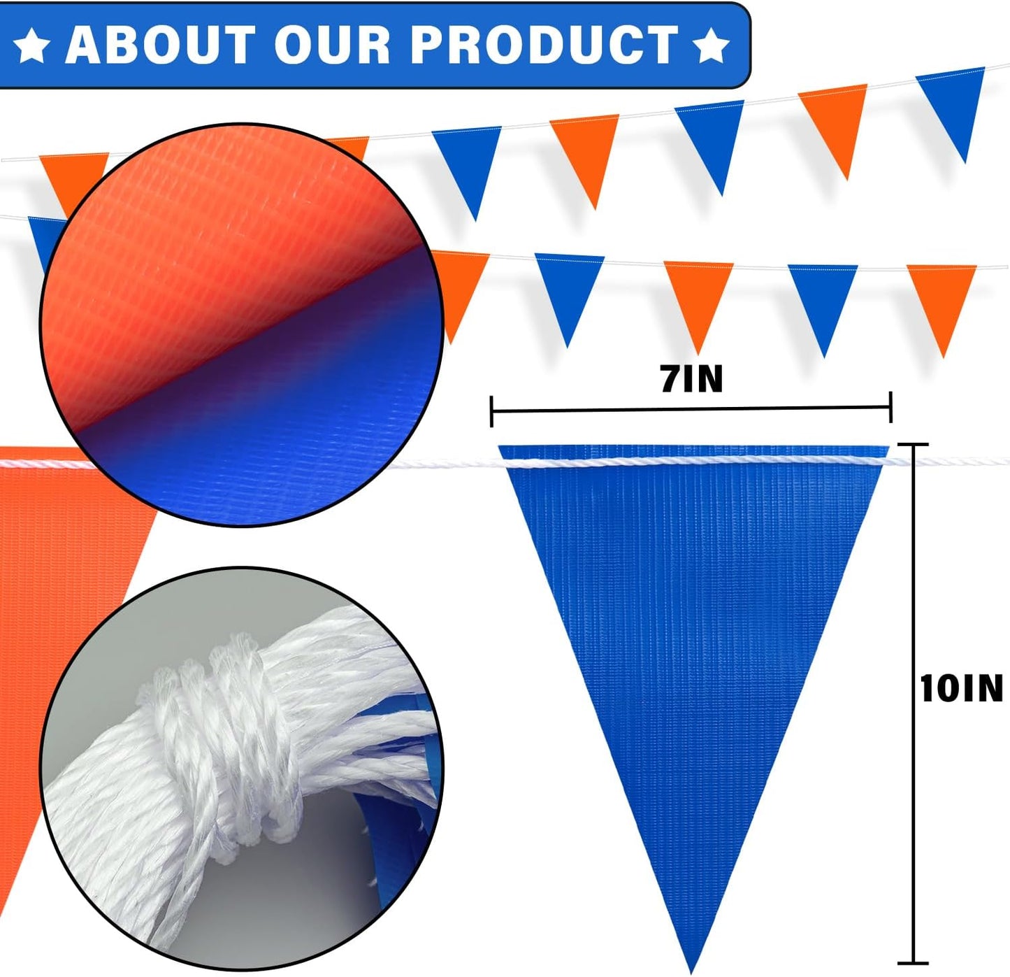 105ft Pennant Banner Flag, 7"x10" Fluorescent Orange and Blue Safety Flagging Banner Warning Flag for Construction Site/Traffic Control/Boundary Barrier Signs, Perimeter Marking Flags on String, 45 Flags