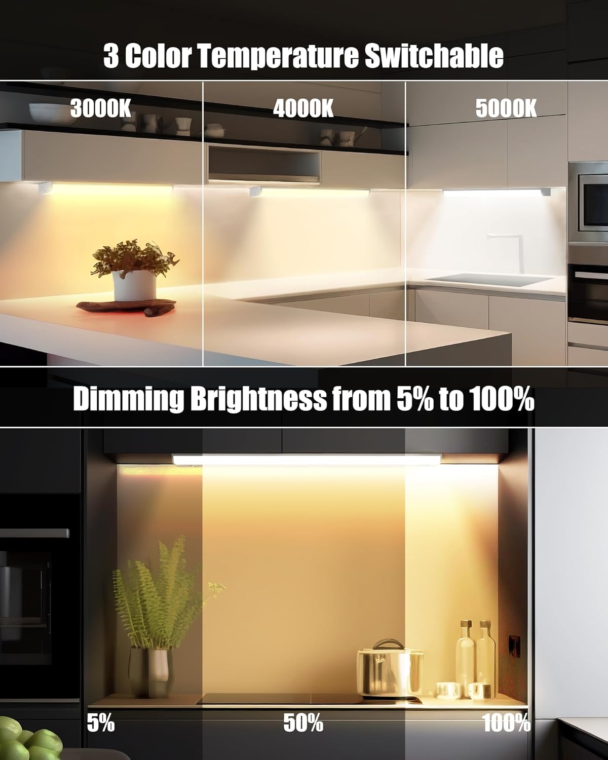 Hardwired Under Cabinet Lighting 36 Inch, 3 Color Settings - Soft White(3000K), Bright White(4000K), Daylight White(5000K), 2 Pack Linkable Dimmable Under Counter Lights for Kitchen, CRI 97