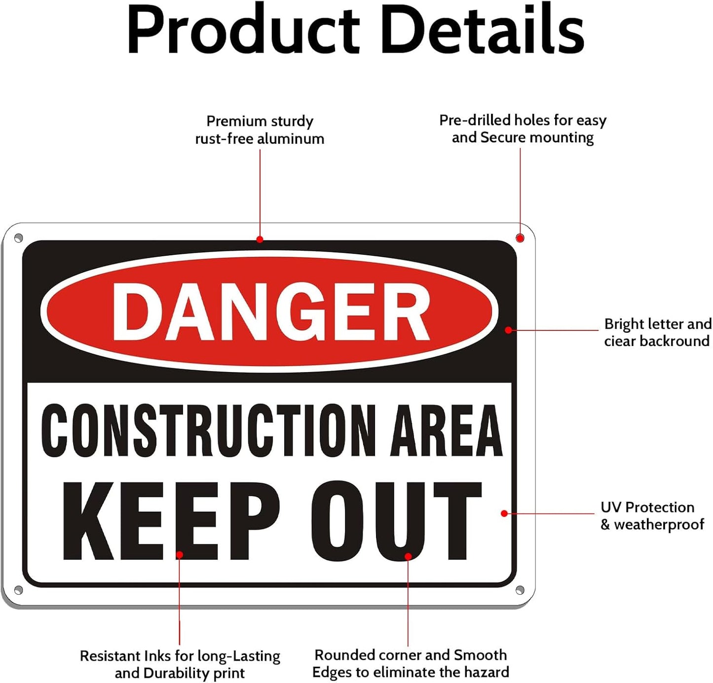 2 Pack "Danger - Construction Area, Keep Out" Sign, 10"x 7" Rust Free Reflective Aluminum Metal Sign, Fade Resistant, Waterproof, Easy to Mount ﻿