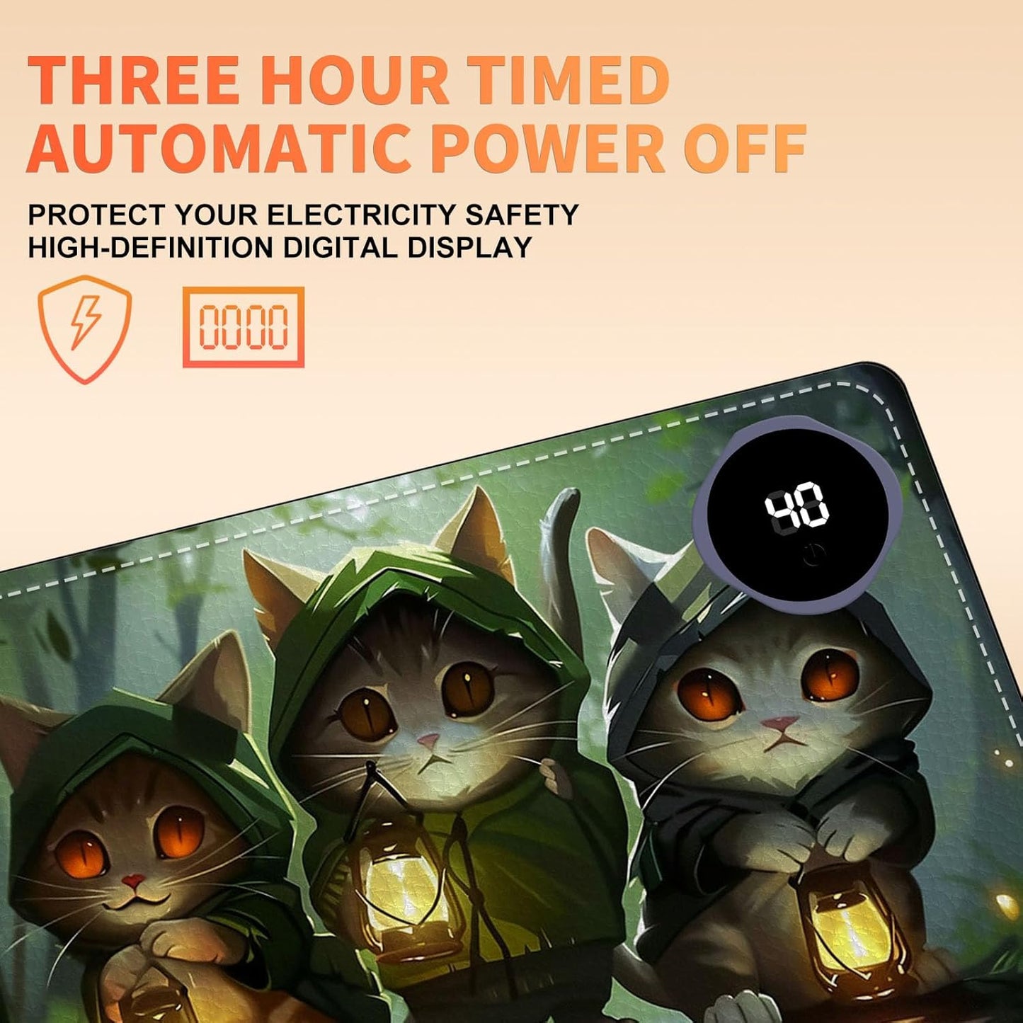Heated Mouse Pad, Warm Desk Pad, Keyboard Mat 23.6 x 14 Inch Intelligent Fast Heating, 3 Speed Adjustable, Timed Auto Power Off for Game Office Home, 3 Cat Apostles Carrying Lanterns