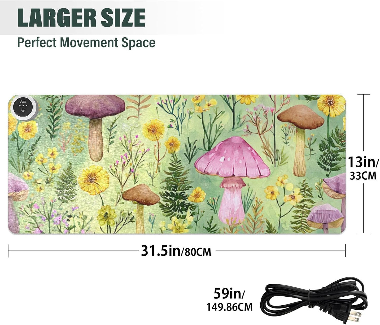 Heated Desk Pad Mouse Pad 31.5x13 Inch PU Leather Desk Mat with 3 Heat Levels Large Mouse Gaming Computer Laptop Mat Watercolor Mushrooms Green