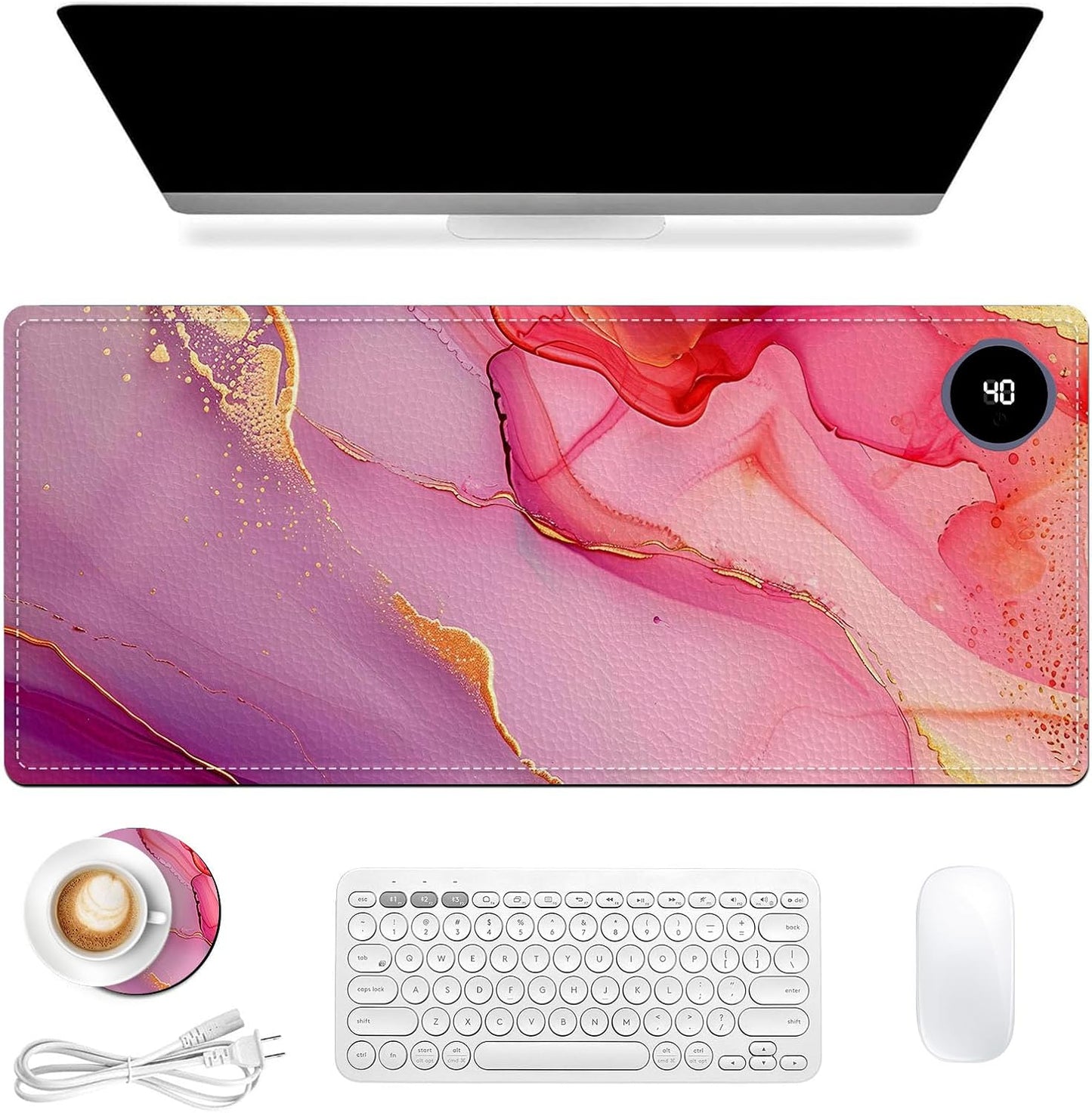 Heated Mouse Pad, Warm Desk Pad, Keyboard Mat 31.5 x 13 Inch Large Size Intelligent Fast Heating, 3 Speed Adjustable, Timed Auto Power Off for Game Office Home,Pink Marble