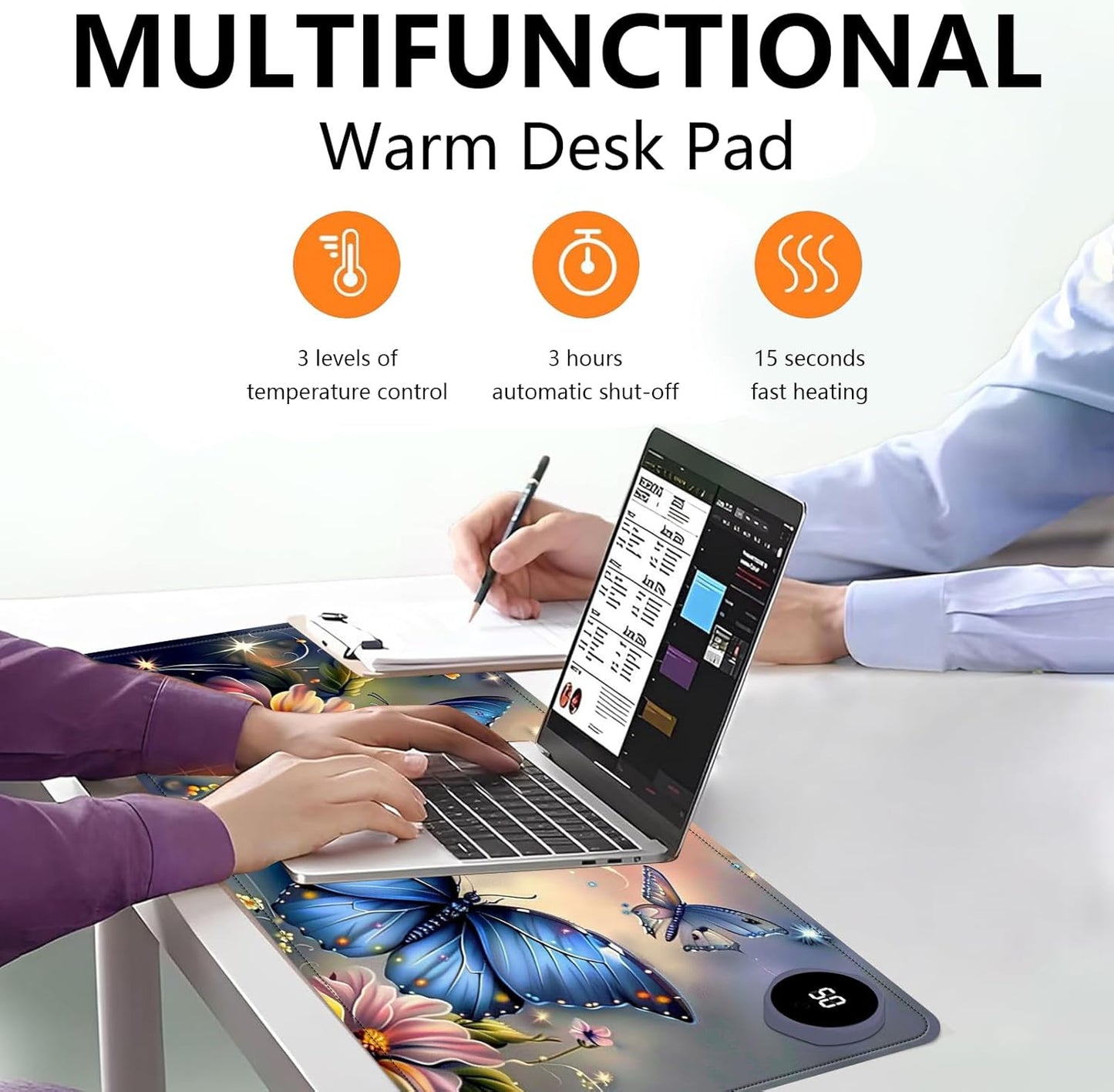 Heated Mouse Pad with 3 Levels Heated & 3 Hours Auto Shut-Off Mouse Pad for Warming Hands in Office Home, 31.5" x 13"Large Safe Desk Mat Hand Warmer，Blue Butterfly