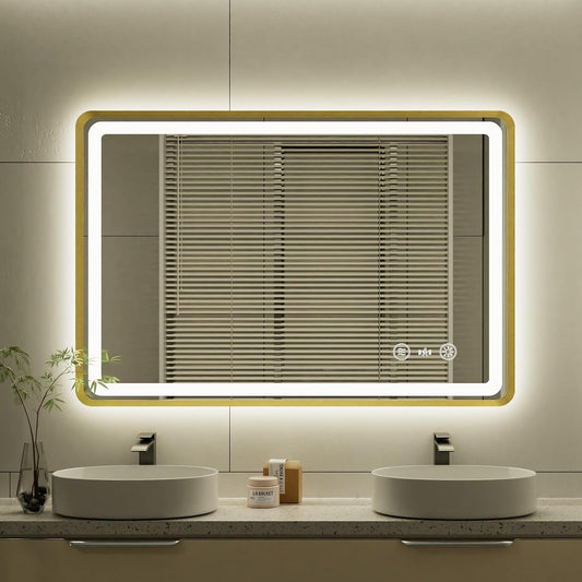 24x36 Inch Gold Framed LED Bathroom Mirror, Smart Bathroom Mirror with Motion Sensor Lights, Anti Fog, Stepless Dimmable & 3 Colors Temperature Adjustment, LED Vanity Mirror for Wall