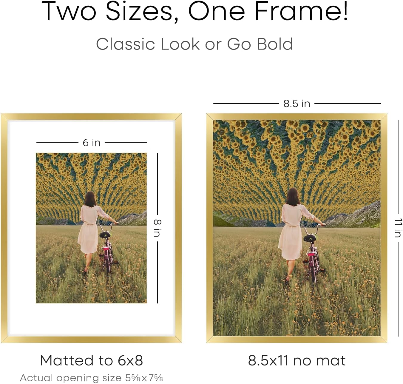 Homeforia 8.5 by 11 Picture Frame Gold, High End Metal 8.5x11 Poster Frames with Mat 6x8 Photo, 8.5 x 11 Frame Matted to 6 x 8 Print, 8.5by11 Wall or Tabletop Frame, Tempered Glass, Wall Kit, Set of 4