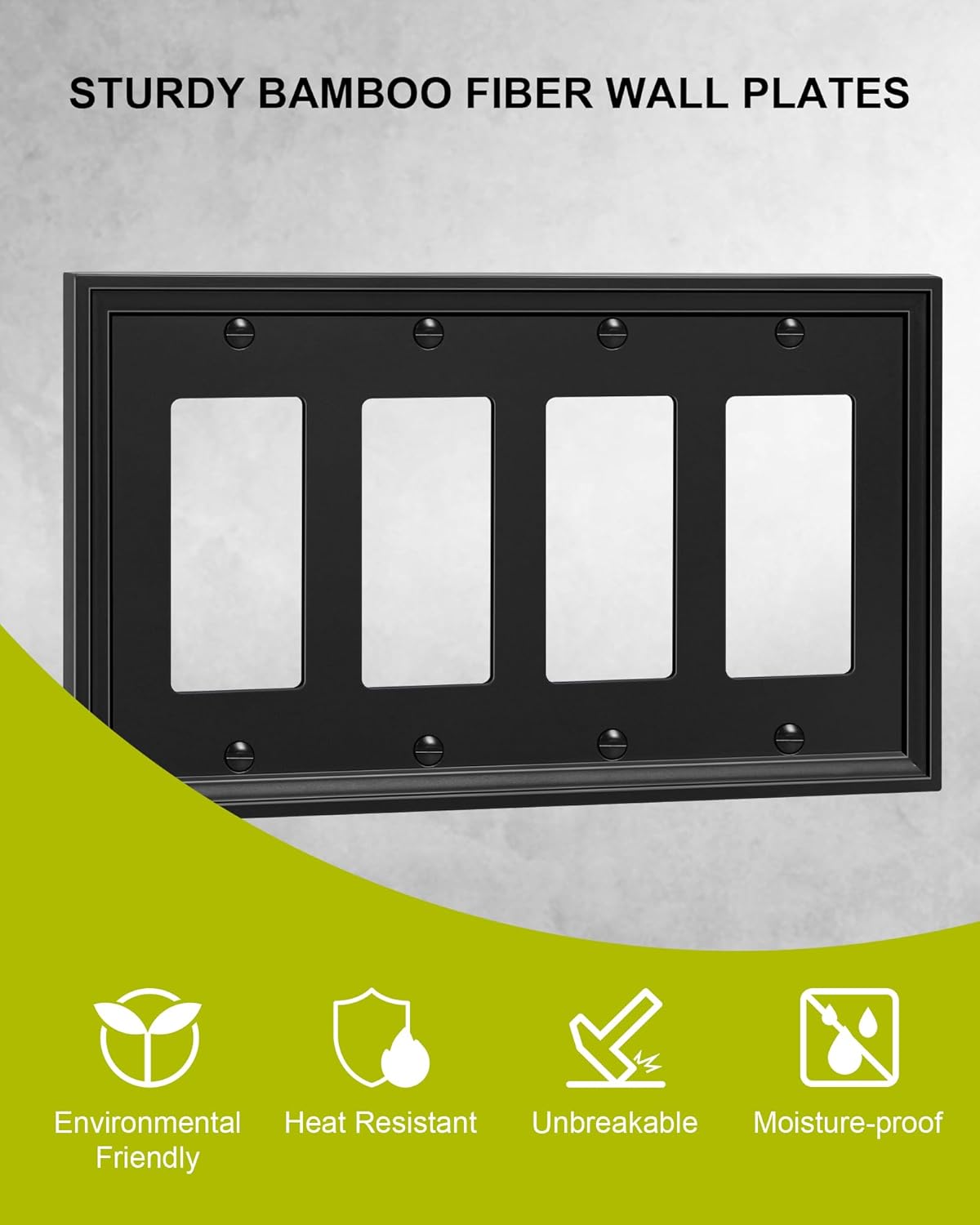 2-Pack Quad Decorator Outlet Cover Plate, Black Decorative Switch Plates and Outlet Covers, Natural Bamboo Fiber Wall Plates for Electrical Outlets, Receptacle, GFCI Outlet, Dimmer Switch