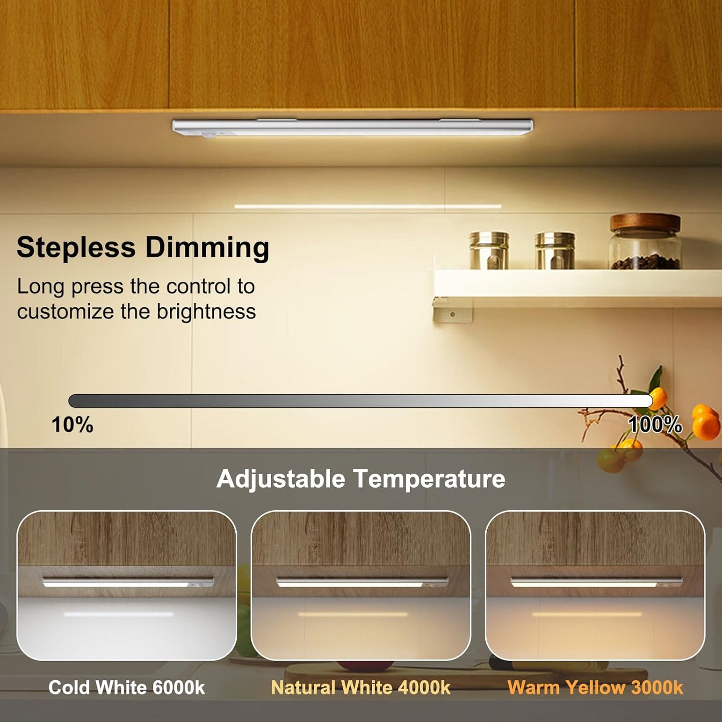120 LEDs Under Cabinet Lights 3 Color Temps, 2 Pack 30CM Motion Sensor Light Indoor, 3000-6000K Dimmable Closet Lights, Rechargeable Under Counter Lights for Wardrobe, Kitchen, Stairs