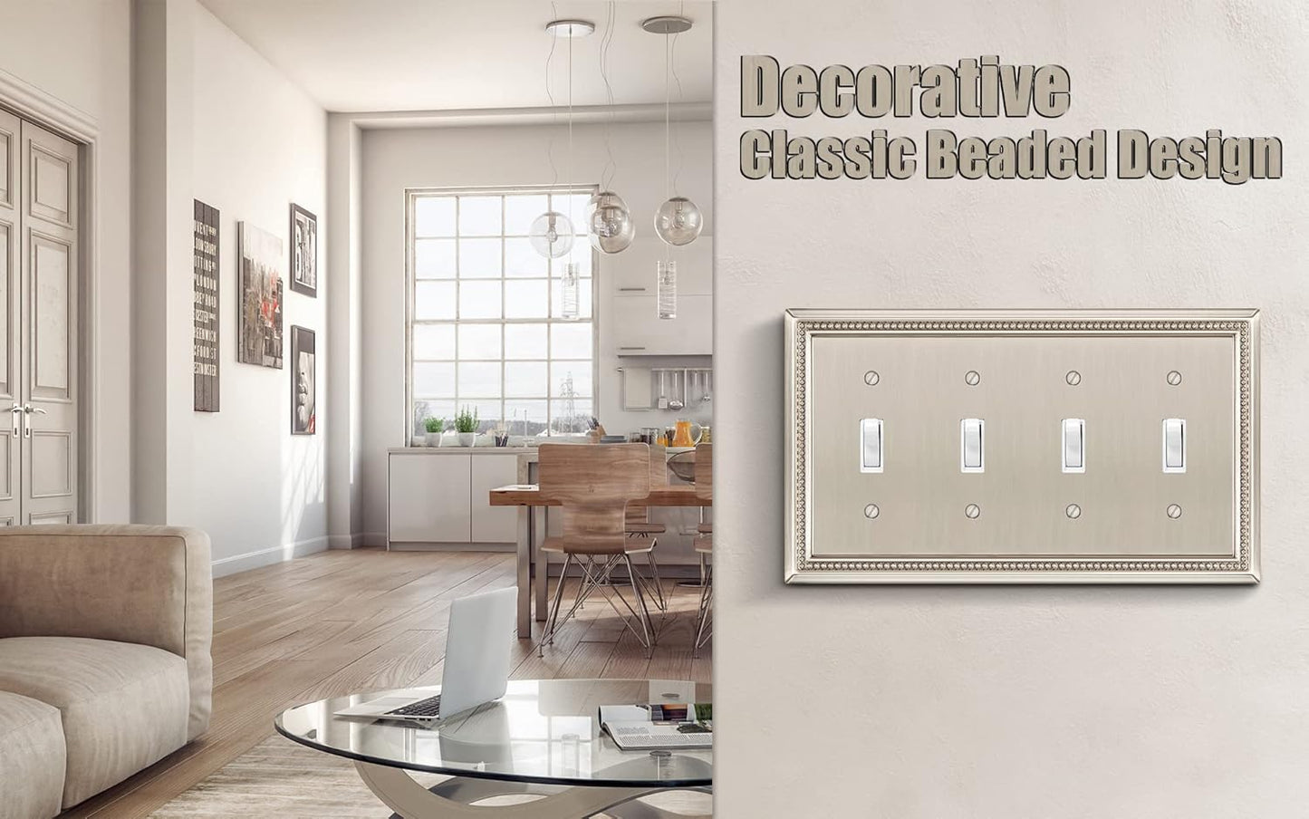 Henne Bery Sunken Pearls Heavy Duty Decorative Wall Plate Switch Plate Outlet Cover (Quad Toggle, Satin Nickel)
