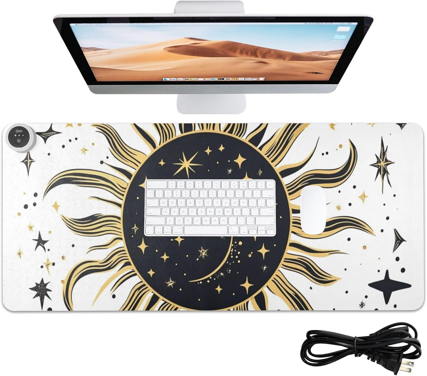 Heated Desk Pad Mouse Pad 31.5x13 Inch PU Leather Desk Mat with 3 Heat Levels Large Mouse Gaming Computer Laptop Mat Vintage Constellation Sun and Star 01