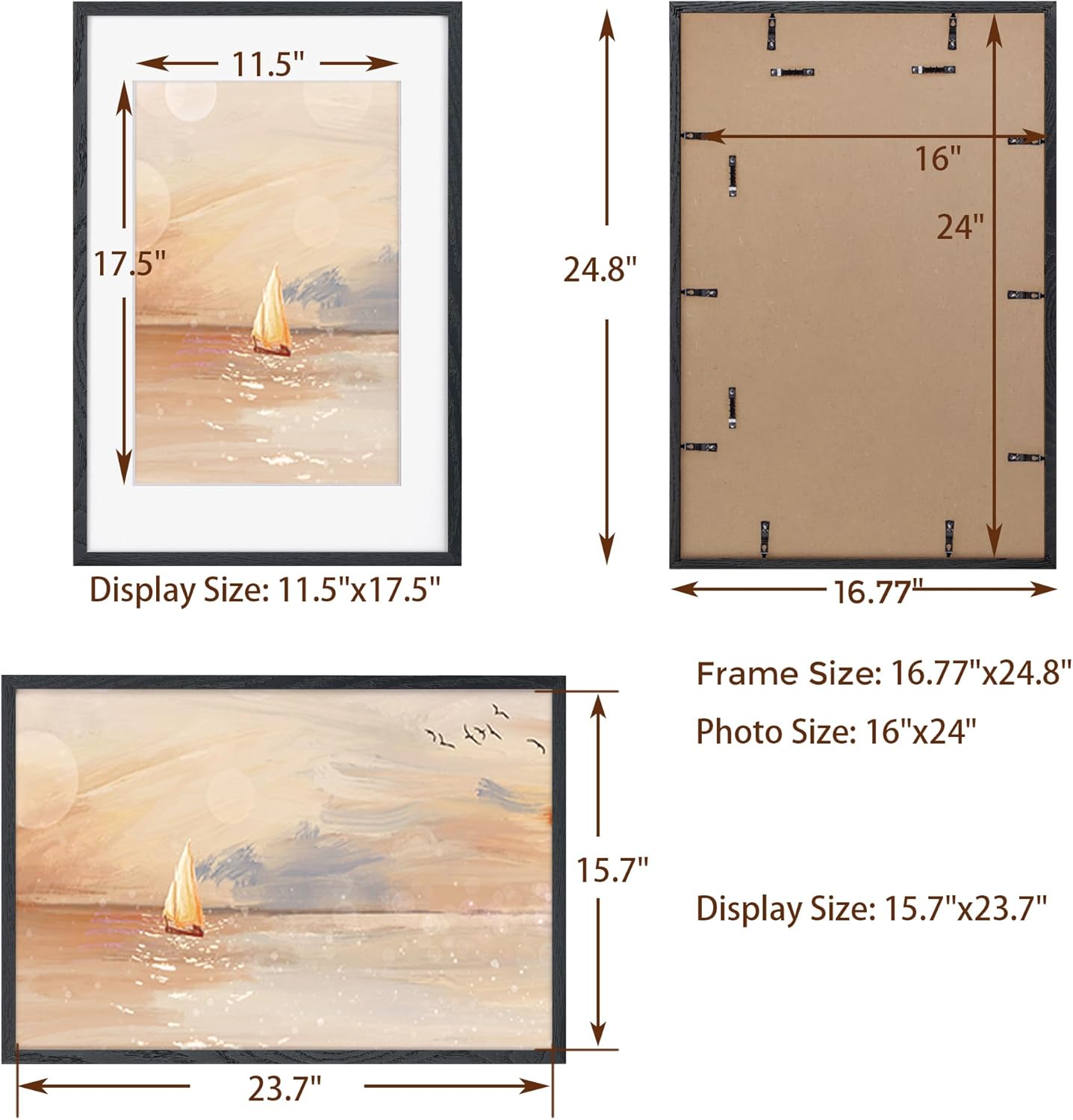 16x24 Wood Picture Frame, Real Oak Wood 16 x24 Frame for Wall, 16x24 Inch Poster Frame, 16x24 Picture Frame Matted to 12x18, 16 by 24 Wooden Frame, Black Color, 1 Pack