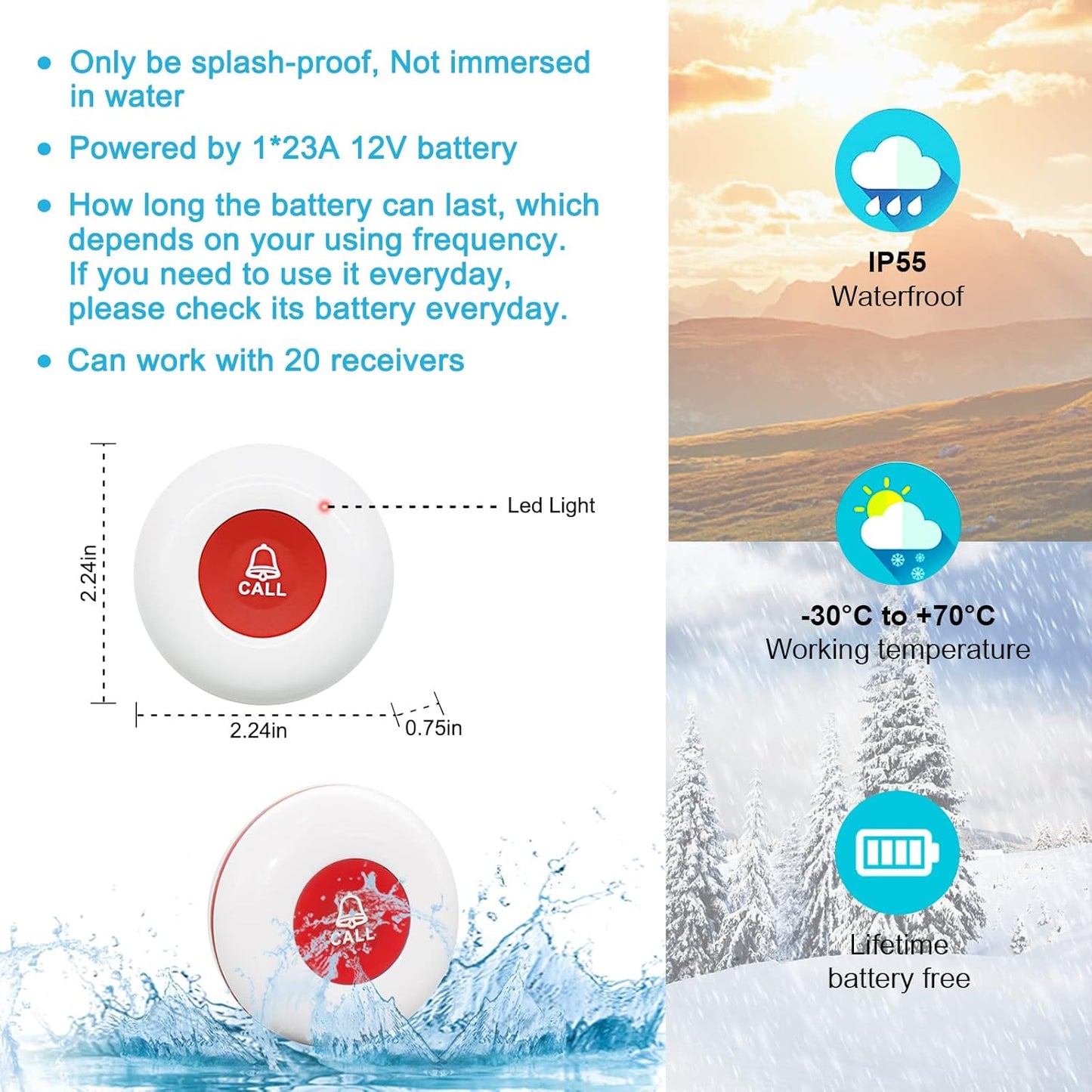 CallToU Wireless Caregiver Pager Waterproof Call Button Vibration Call Button for Elderly at Home Disabled Patient Elderly Monitoring Nurse Calling 2 SOS Call Buttons/Transmitters 500FT 2 Receivers