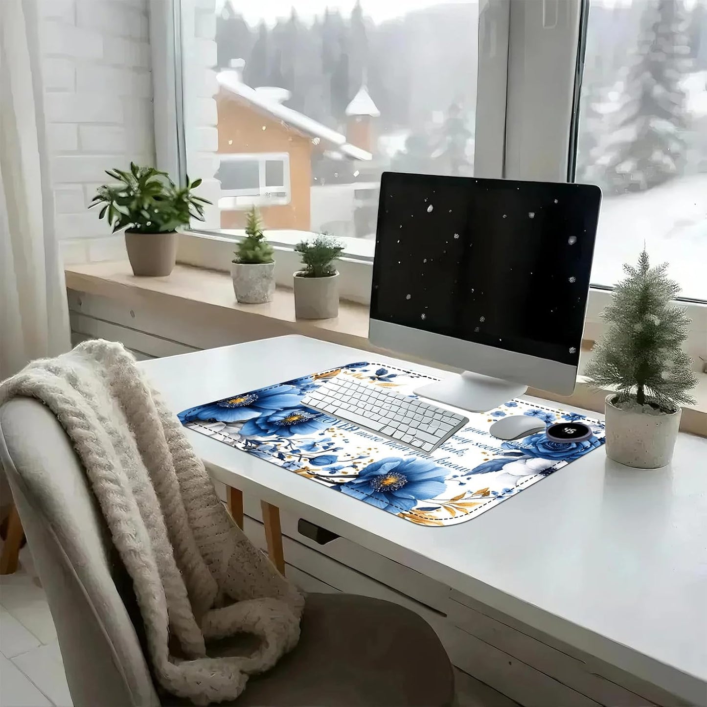 Heated Mouse Pad with 3 Temperature Settings(104°F–122°F),Large 24x14.2 Inch PU Leather Heated Desk Mat,Waterproof Warming Pad for Office,Gaming & Cold Hands Relief,Bule Flower Quotes