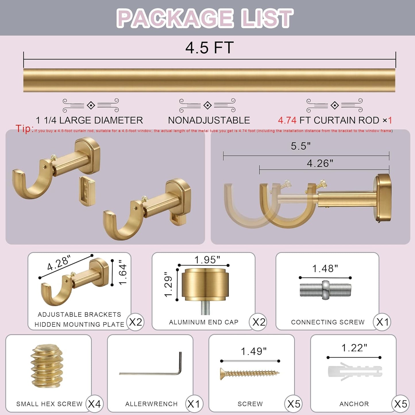 Heavy Duty Curtain Rods,1 1/4" Large Diameter Premium Nonadjustable Curtain Rod,54in/4.5ft Custom Window Treatment Rods with Durable Aluminum Brackets and End Caps,Gold Finish