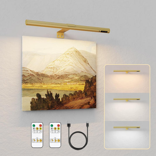 19.7inch Battery Operated Wireless Picture Light，Remote Control Painting Display Lights, Rechargeable Wall Lights with Three Modes and Power Display for Art Frame（Gold