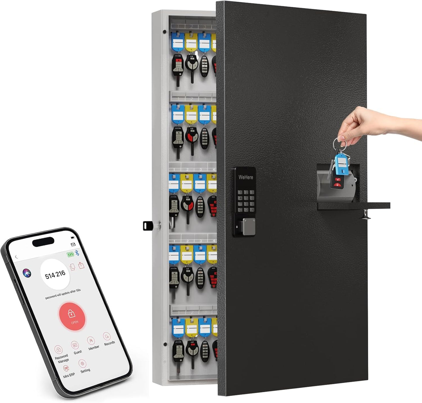 104 Keys Lock Box with Drop Slot, Key Cabinet Wall Mount, Fixed Code/OTP, APP Bluetooth/Wi-Fi, Spare Key Unlock, Large Key Return Box for Hotel, Car Dealerships, Realtors, Office