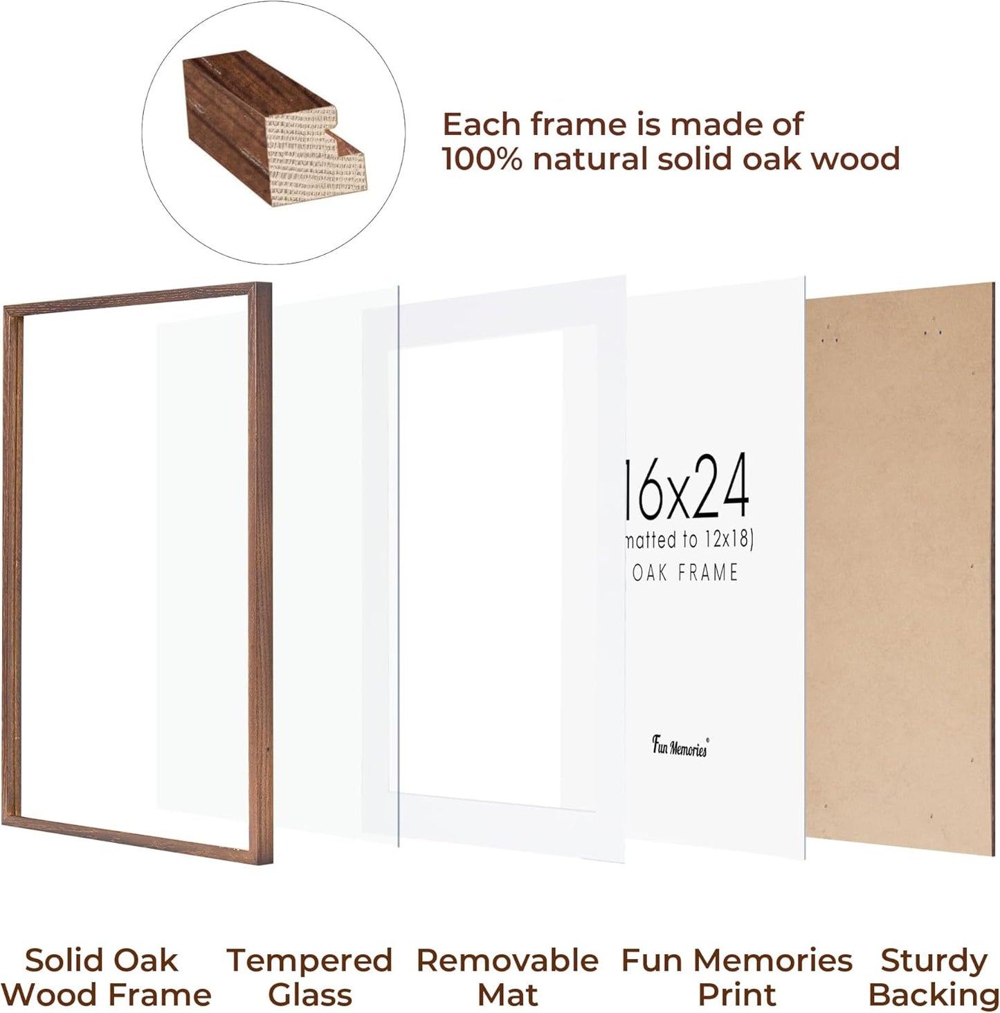 16x24 Picture Frame, 16 x 24 Poster Frames Set of 2, 16x24 Frame Solid Oak Wood & Tempered Glass, 16 x 24 Picture Frame with Mat for 12 x 18, Rustic Wooden 16"x24" Frames, Walnut Color